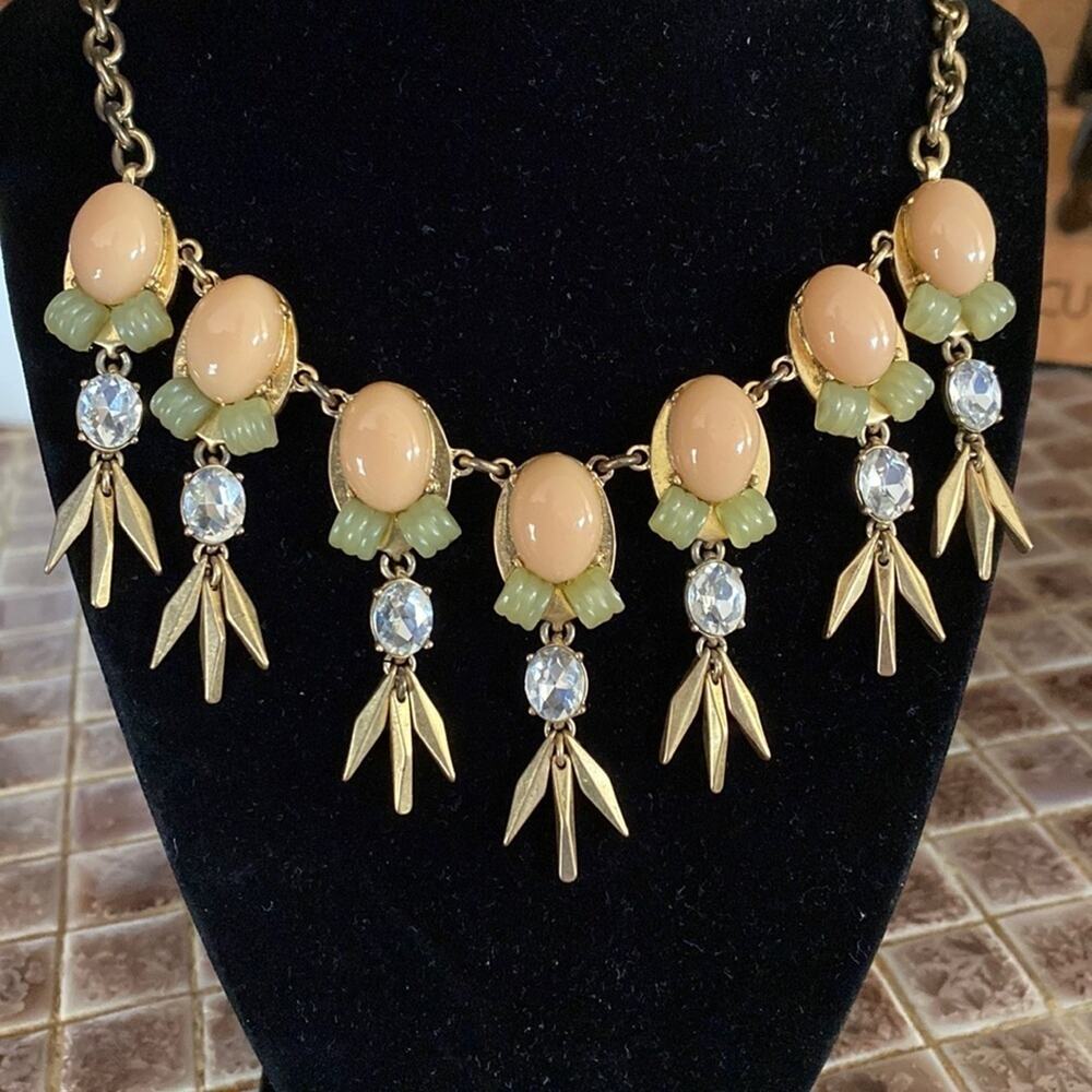 J. Crew peach and gold crystal art deco waterfall statement collar necklace